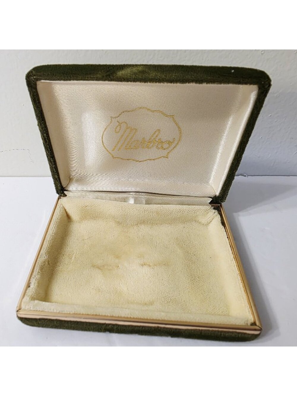 Vtg Velvet Lined Green Yellow Marbro Gold Tone Rim Jewelry Box Display Case ONLY